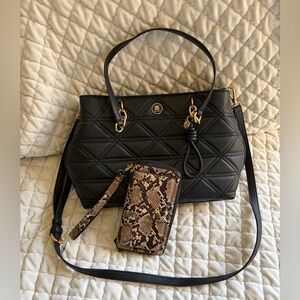 Nine West Black Quilted Shoulder Bag with Snake Print Wallet